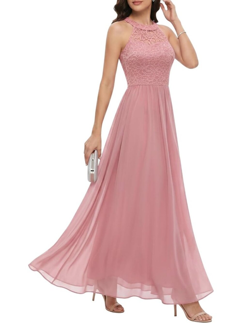 Women's Blush Halter Neck Floral Lace Bridesmaid Cocktail Bodycon Maxi Dress